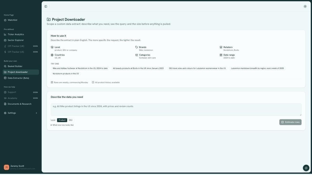 Data Purl portal Project Downloader: describe a data extract in plain English and see its size before anything is pulled